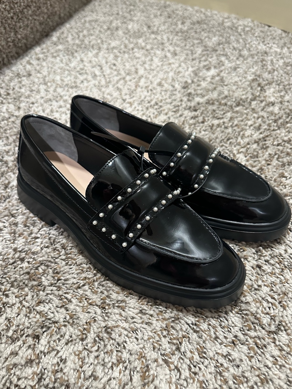 Stuart Weitzman Darcy Black Patent Pearl-Trim Loafers